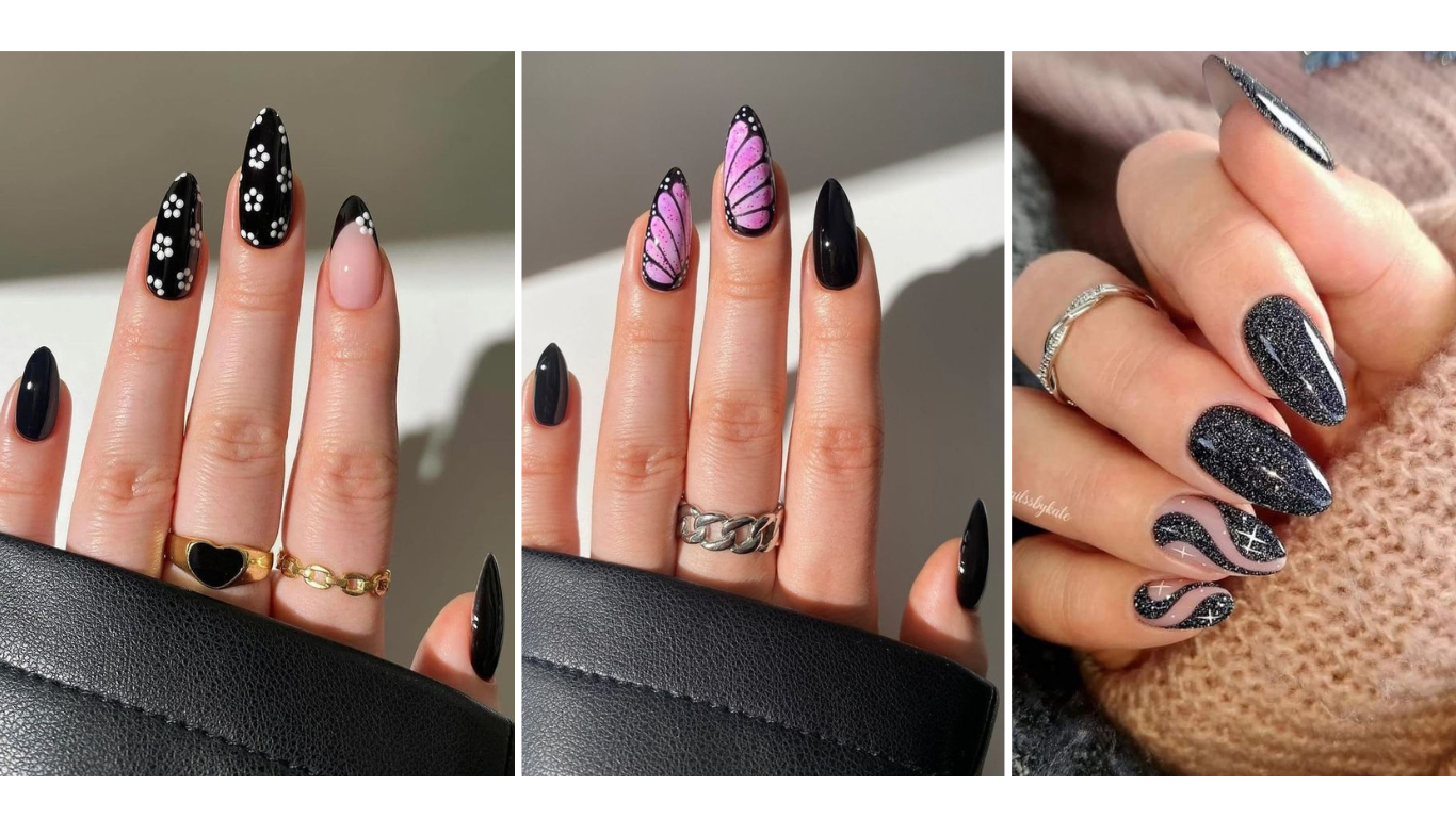 Stylish black nails with a sleek, glossy finish, offering a bold and chic look.