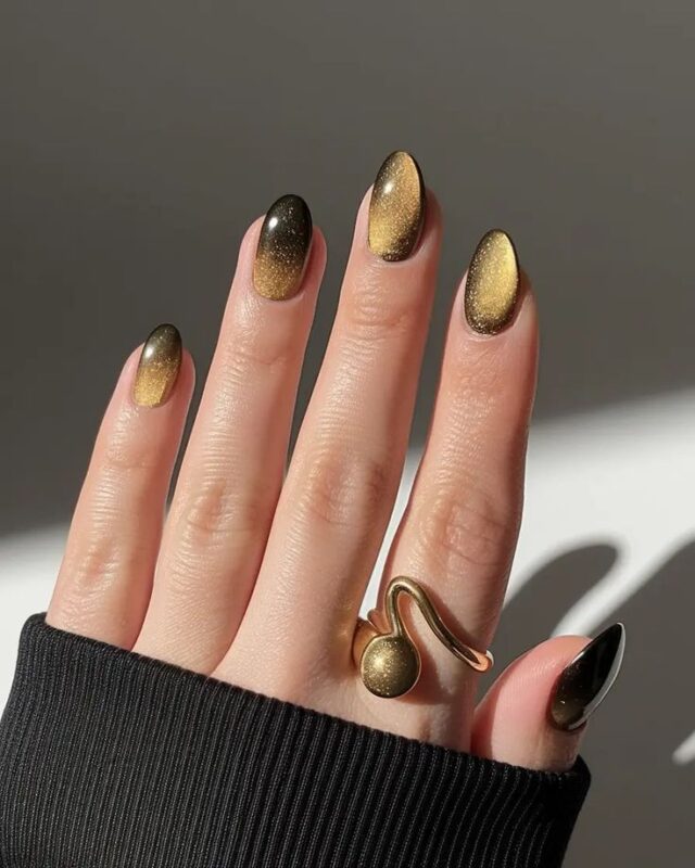 Black and Gold Cat Eye Nails