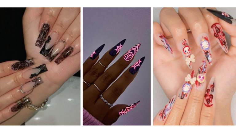 An assortment of gothic nail ideas featuring dark, edgy designs with intricate patterns, black and metallic shades, and bold accents.