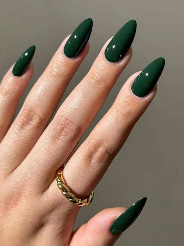 Matte and Shiny Forest Green Almond Nails