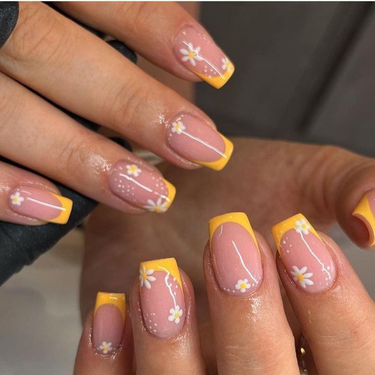 Bright Yellow nails with White Dots