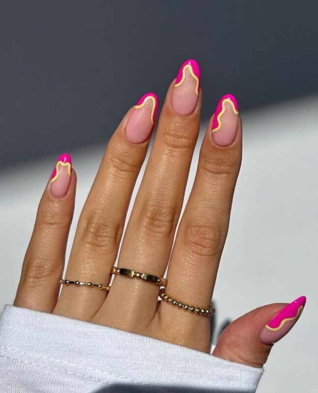 Cute French Nail Tips with Hot Pink Swirls