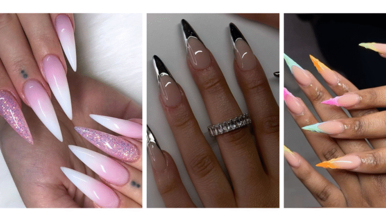 Trendy French tip stiletto nails with creative designs. Discover unique nail art ideas for a stylish and elegant manicure, perfect for chic, modern looks.
