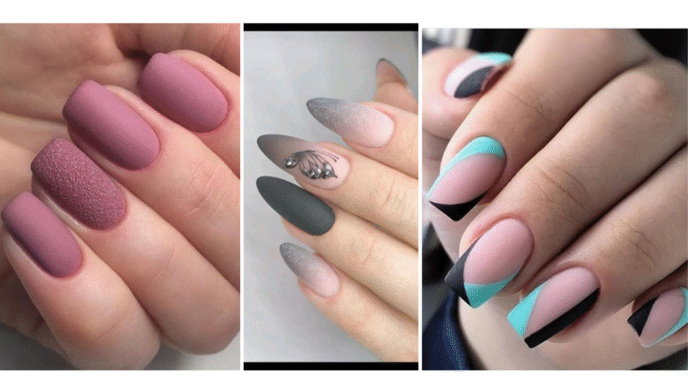 Stylish matte nails designs in various shades, including black, nude, and pastel colors, showcasing sleek and modern nail art trends