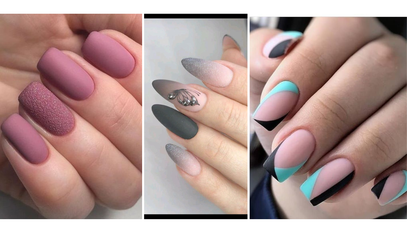 Stylish matte nails designs in various shades, including black, nude, and pastel colors, showcasing sleek and modern nail art trends