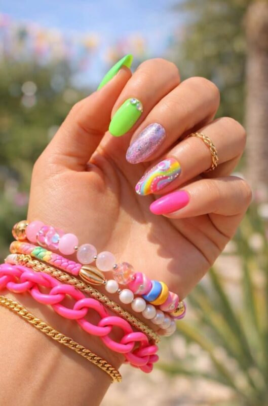 Neon Nail Art with Glitter Accents