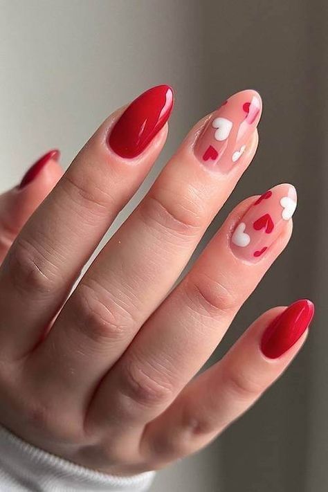Red Hearts on Nude Nails