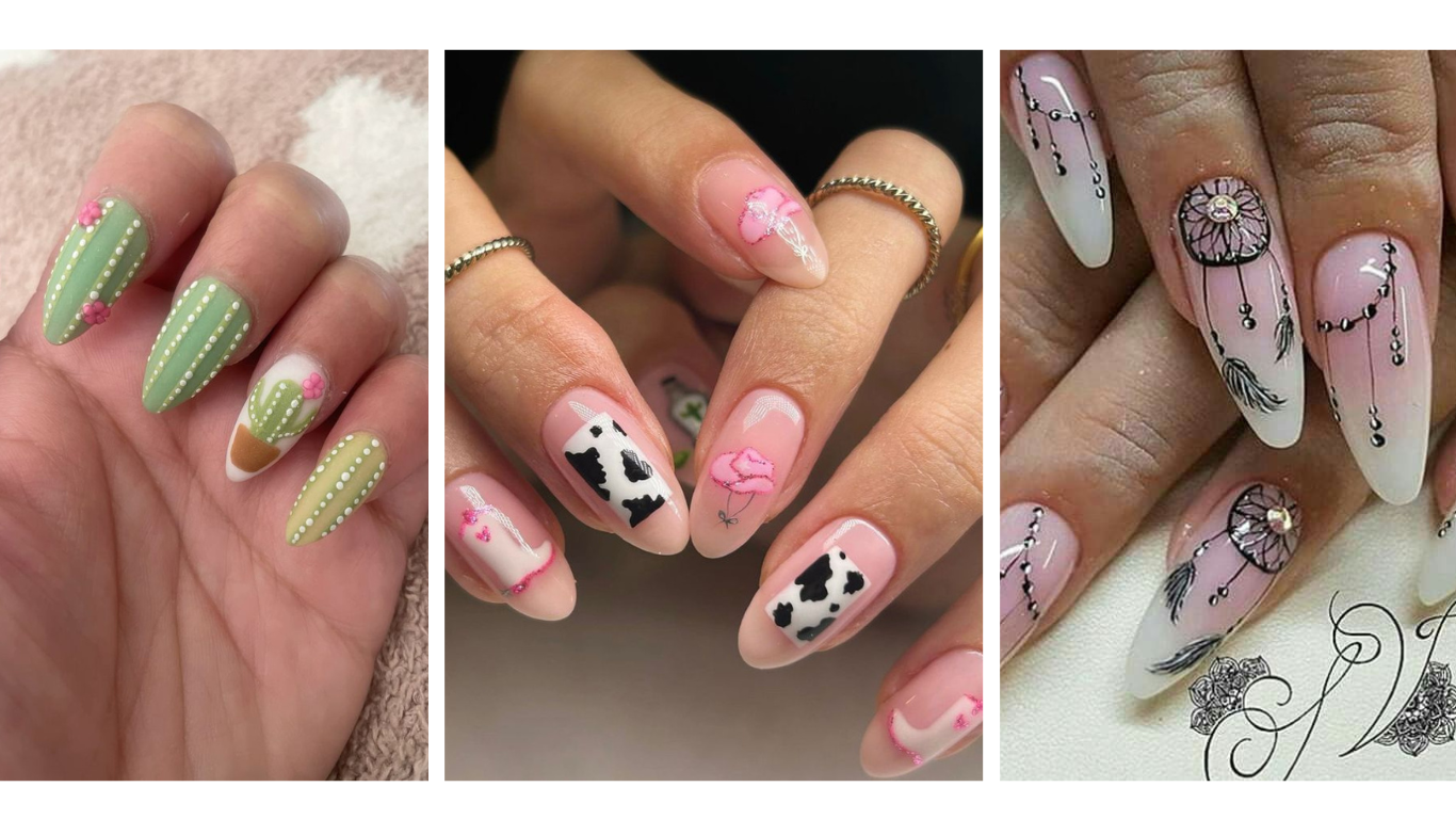 Close-up of a Western-inspired nail design featuring intricate patterns, earthy tones, and boho-chic elements. Perfect for stylish, rustic nail art ideas