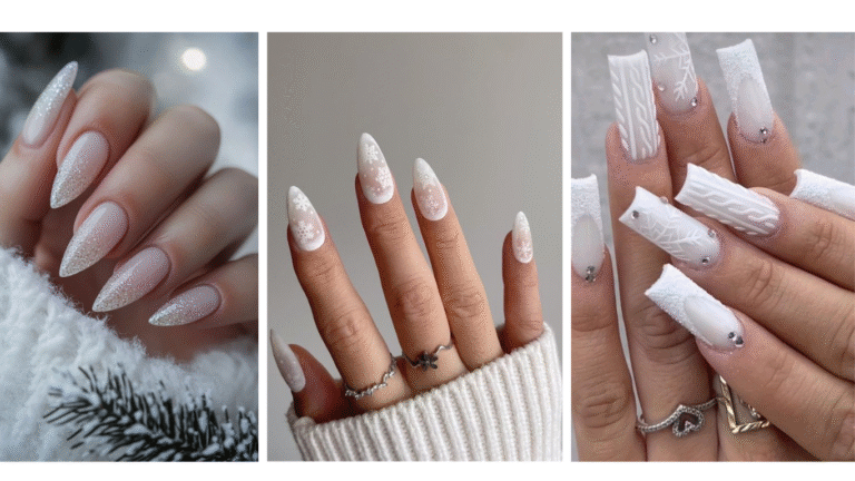 Elegant white winter nail ideas featuring frosty designs, snowflake accents, and chic minimalist patterns for a festive, cold-weather look.