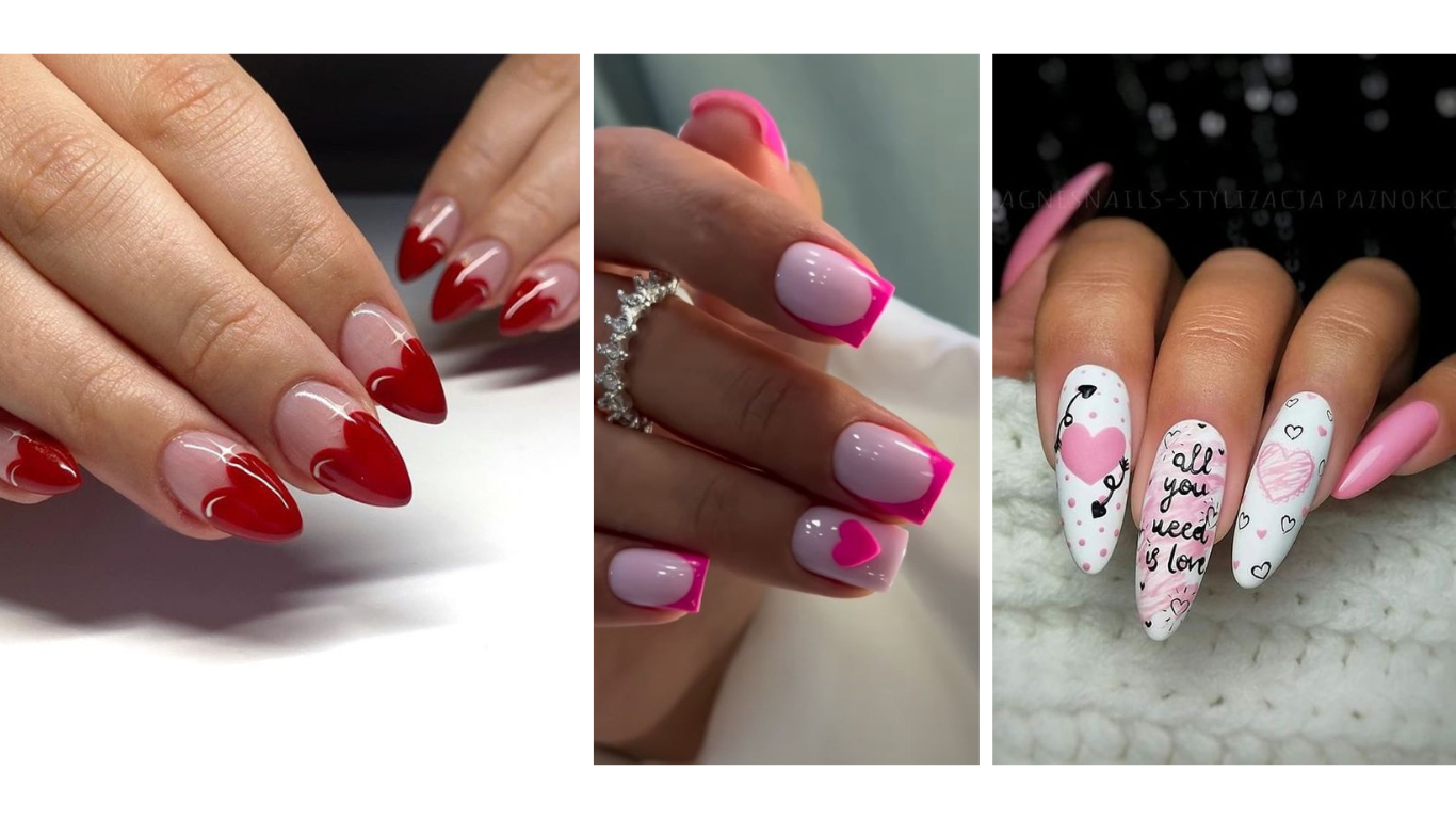 Beautiful Valentine's Day nails featuring red, pink, and white hues, heart designs, and glitter accents – perfect for a romantic nail art look