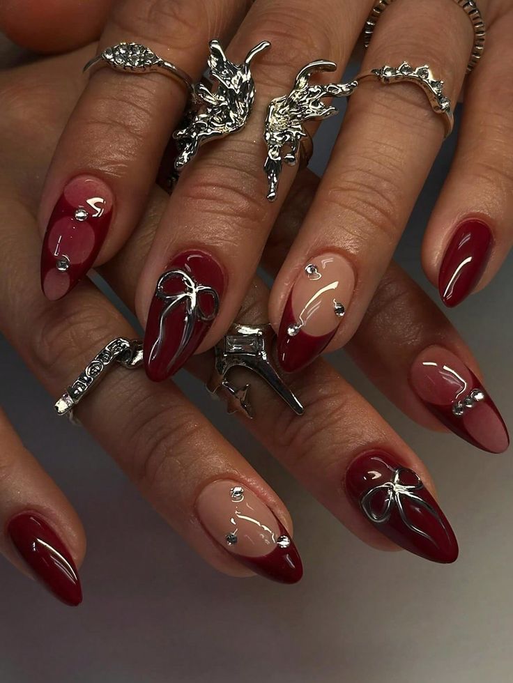 Rhinestone Embellishments on red nails
