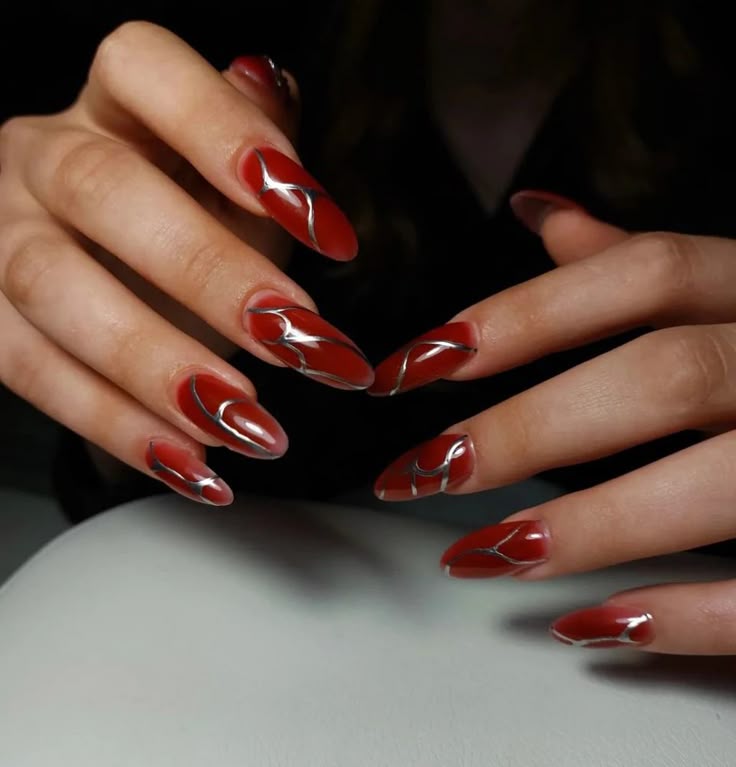 Silver Accents on red nails