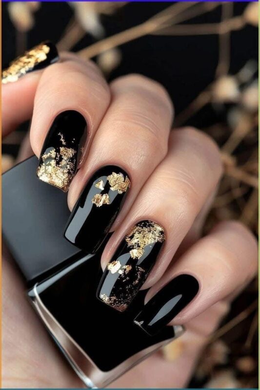 Black Velvet Coffin Nails with Gold Leaf Accents