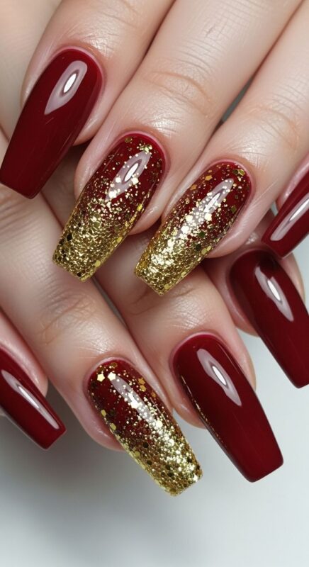 Golden Gradient Dip on Short Red Nails