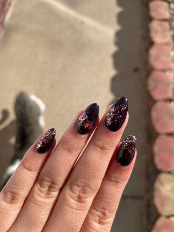 Jet Black nails with Subtle Rose Gold Stamping
