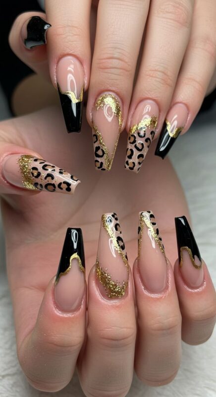 Luxe Black and Gold Cheetah nails