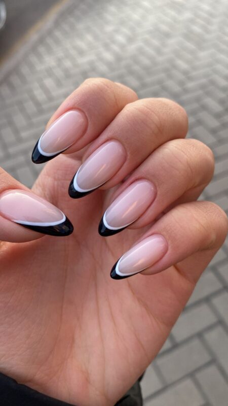 Matte Black and White Geometric French Tips