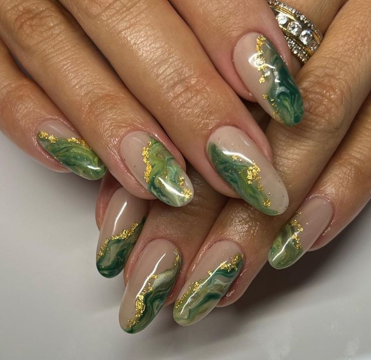 Olive and Gold Fluid nails