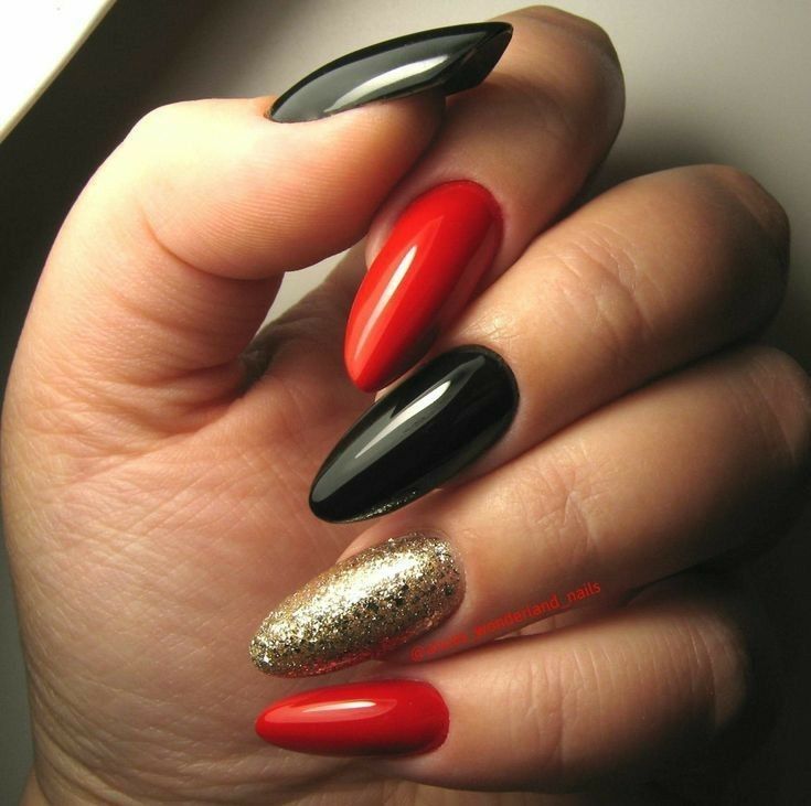 Red Almond Nails with Gold and Black