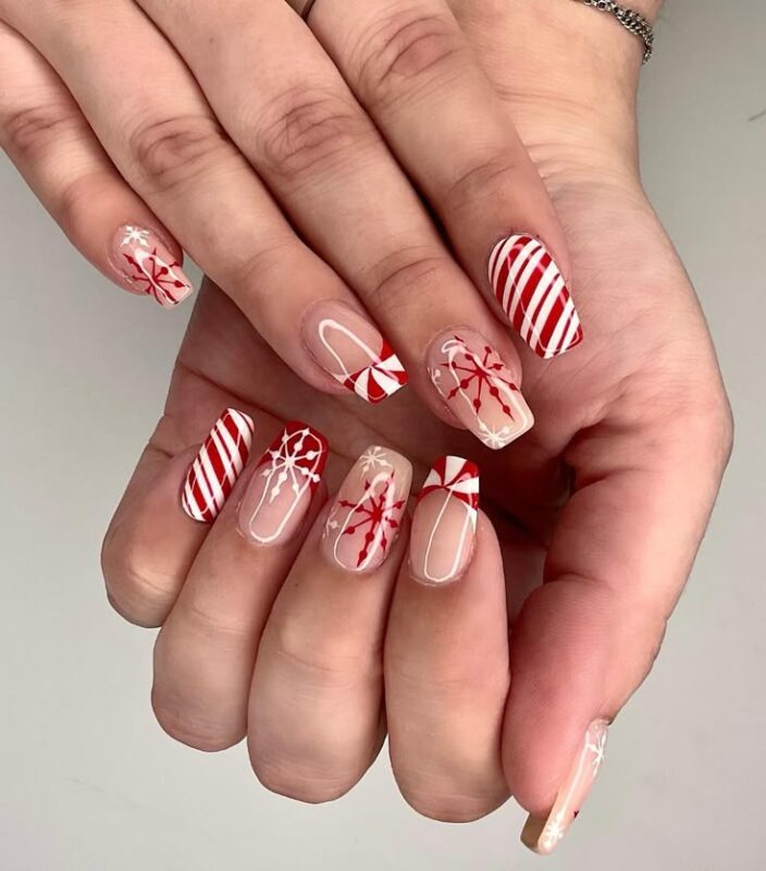 Snowflakes on Glossy Cherry Square Nails