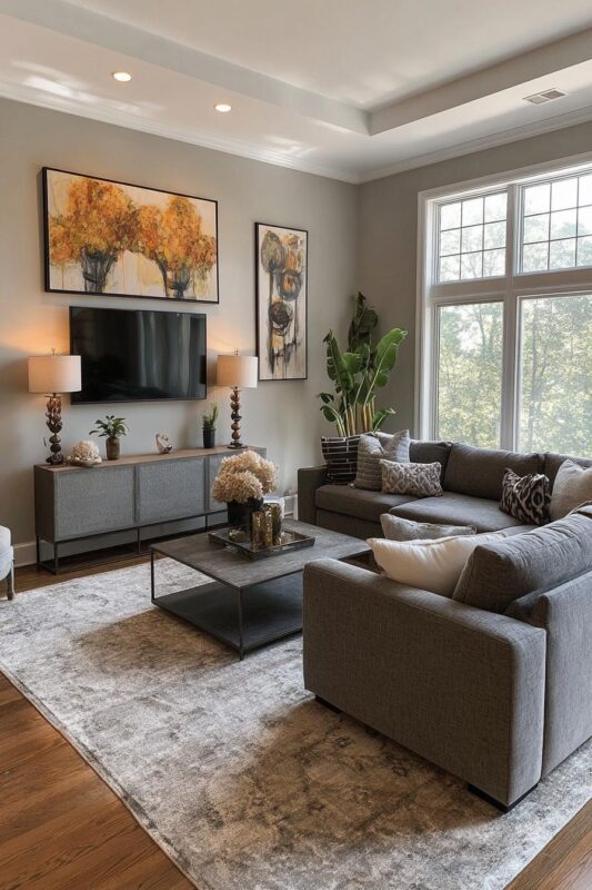 Gray Couch with Bold Art Statement