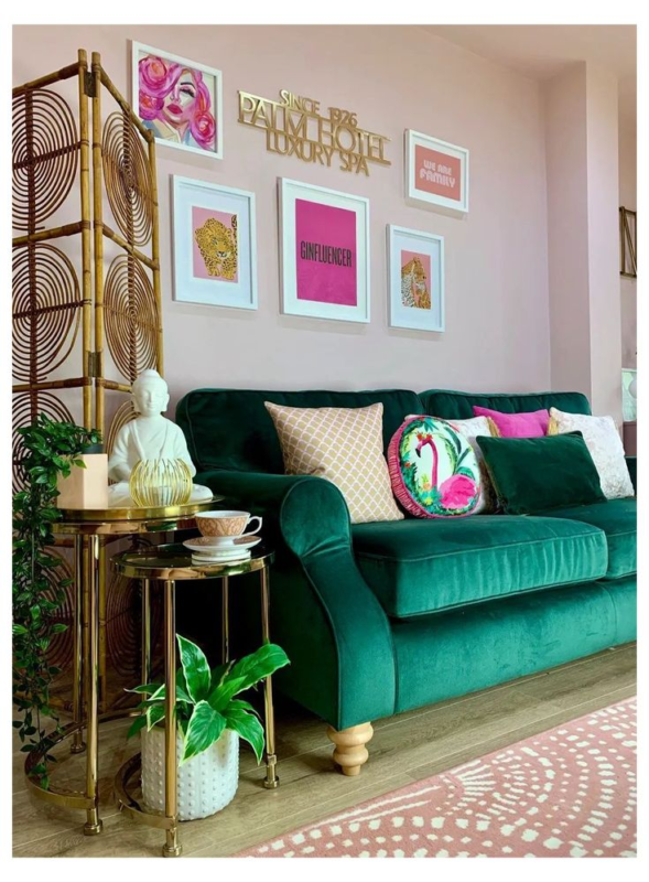 Green Sofa Styled with Pink