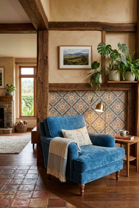 A Blue Armchair Framed by Tile and Timber