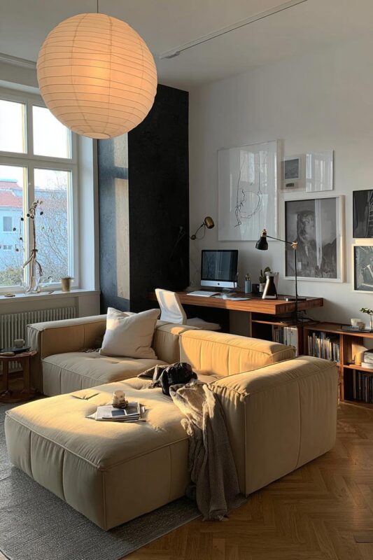 Arrange a Cozy Leather Sectional Around the Workspace