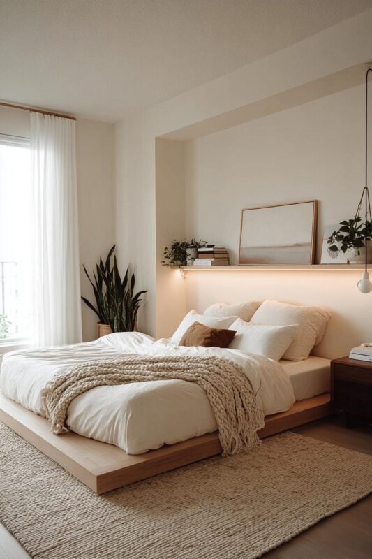 Balancing Soft White Bedding with Warm Earth Tone Accents 