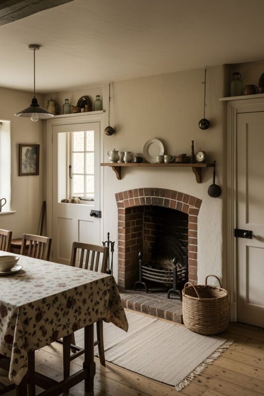 Victorian cottage room centers on a solid brick fireplace