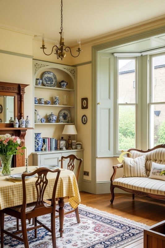 dining space centers around a long wooden table