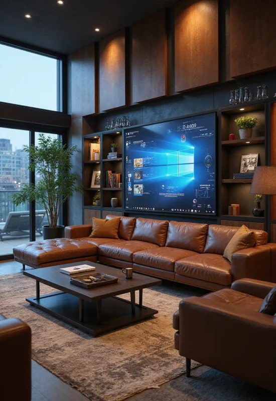 modern couch living room built around technology and entertainment. 