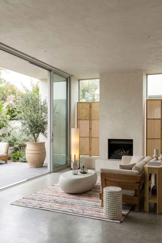 Japandi Living Room with Tadelakt Hearth