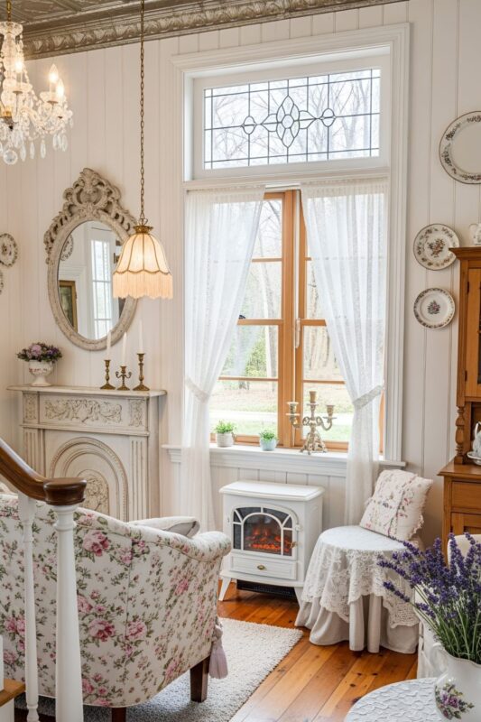 Floral armchairs rest on polished wooden floors