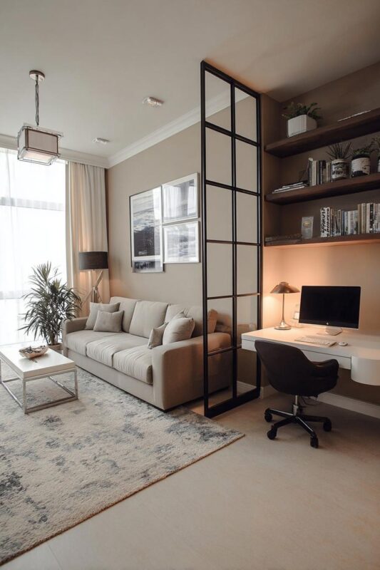 Open shelving above a desk