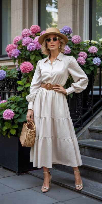 Belted midi dress with timeless accessories