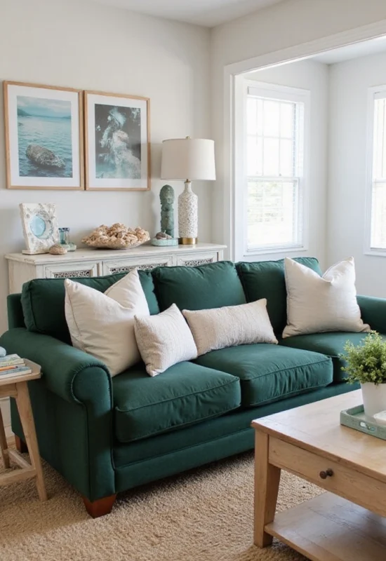 Coastal-Inspired Living Room with a Green Couch