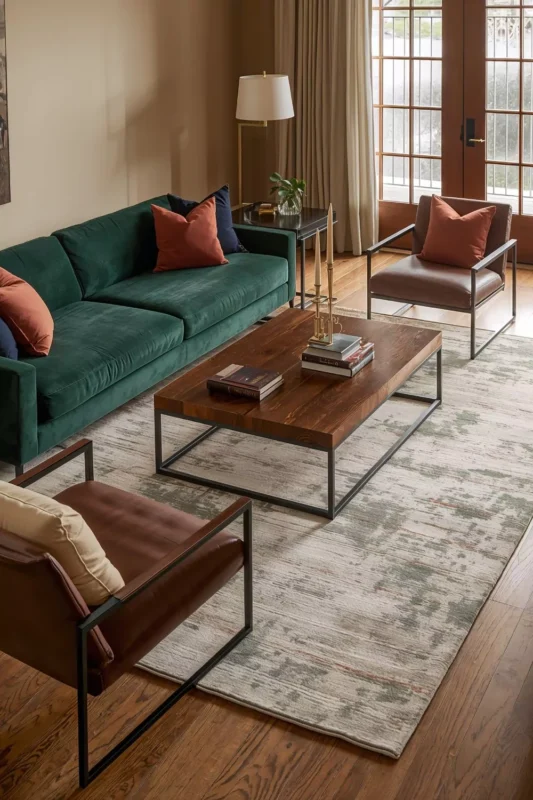 Dark Green Sofa with Mocha Leather Chairs