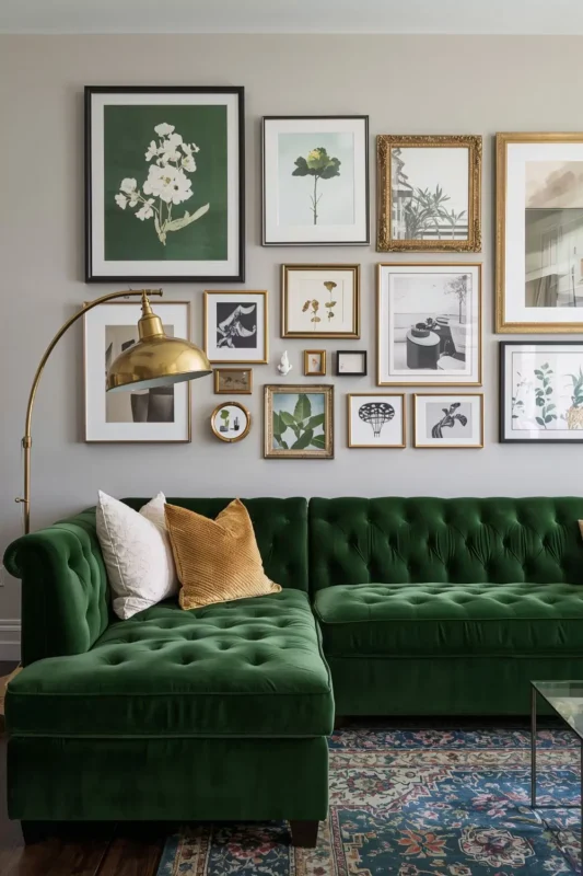 Dark Green Velvet Sectional with Brass Accents