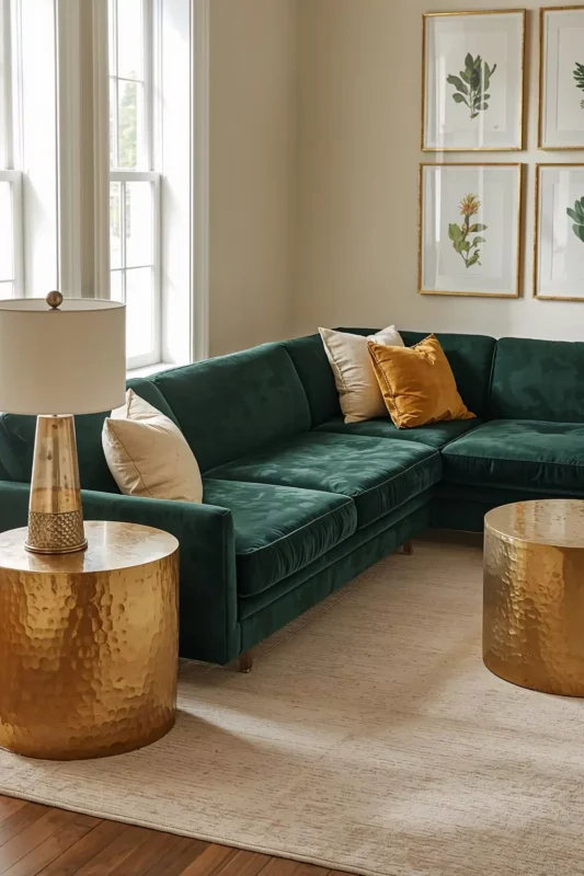 Deep Green Velvet Couch with a Gallery Wall