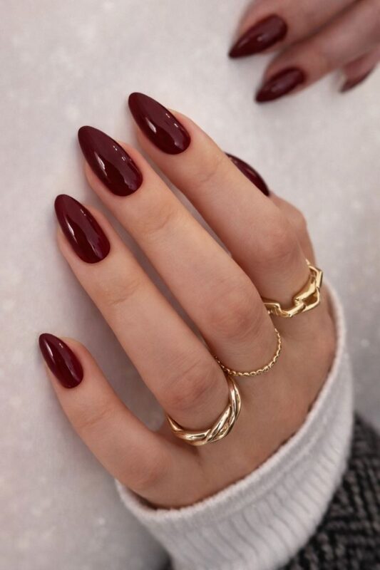 Deep Wine Red Glossy Nails