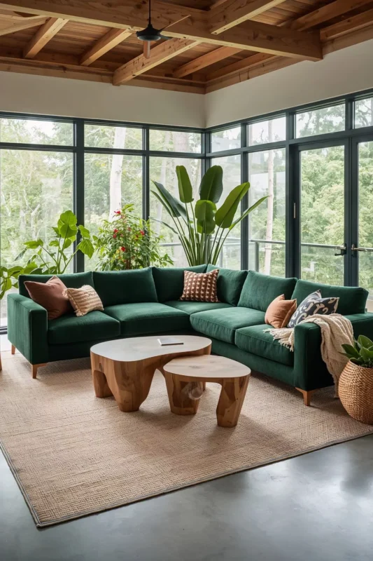 Forest Green Sectional with Natural Wood Tables