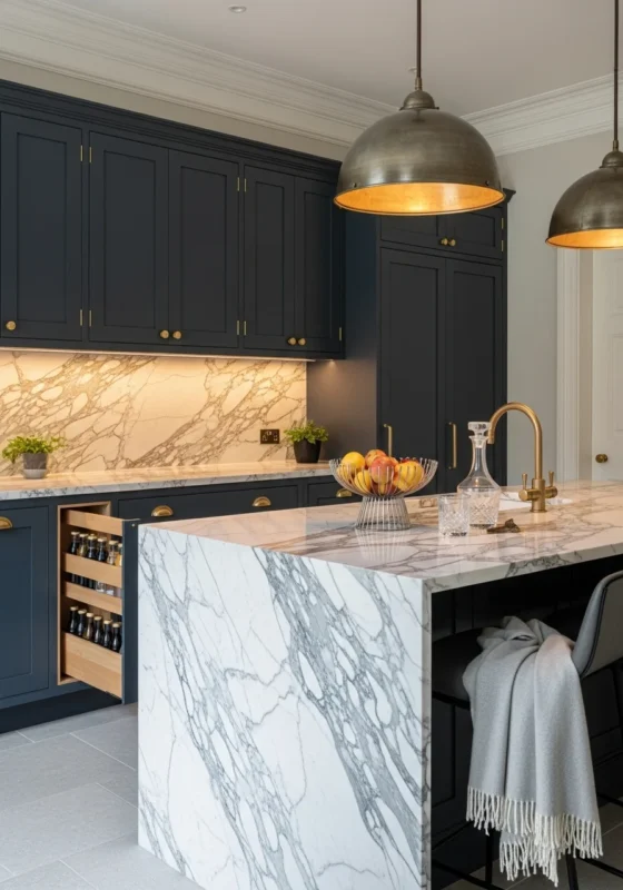 Navy Upper Cabinets + Calacatta Marble Island