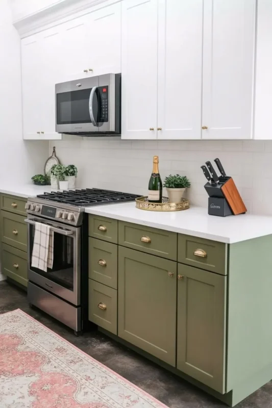 Olive Green + White Cabinets