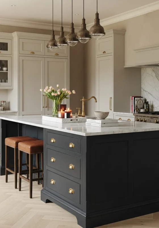 Oyster Upper Cabinets + Charcoal Island