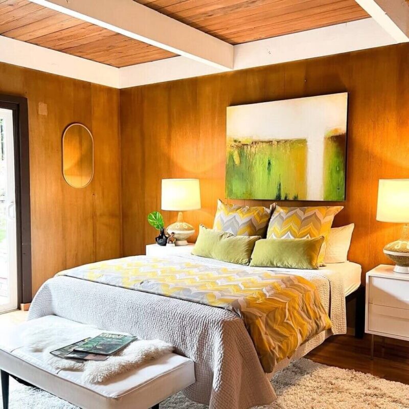 Rich Wood Walls Meet Vibrant Hues