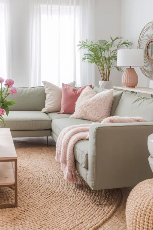 Sage Green Couch with Blush Pink Accents