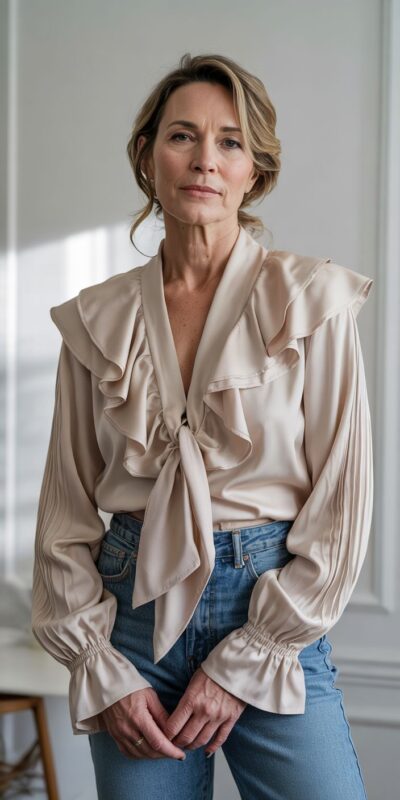 Satin blouse with ruffles and high-waisted jeans