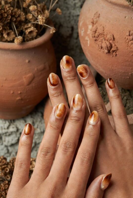 Warm Marble Nails with Earthy Swirls