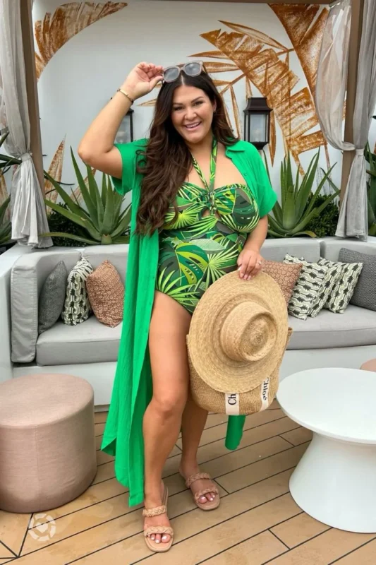 Halter Neck Printed Swimsuit Over Green Shirt Dress
